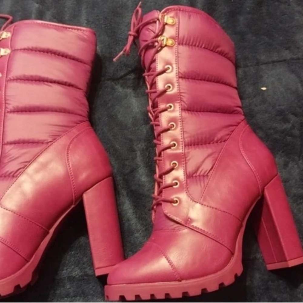 Quilted Lace-Up High Heel Boots in Burgundy
